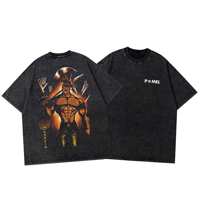 T-Shirt Digital Hip Hop Anime T-Shirt Washed Printed Letter Vintage Loose - Image 1