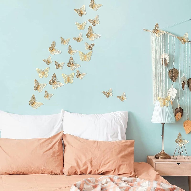 sulfar 24pcs Gold Butterfly Decorations Stickers,3Sizes 2 Styles,3D Butterfly Wall/Party/Birthday/Cake Decorations, Butterflies for Crafts, Wall Stickers Room Decor (24, Gold) - Image 3