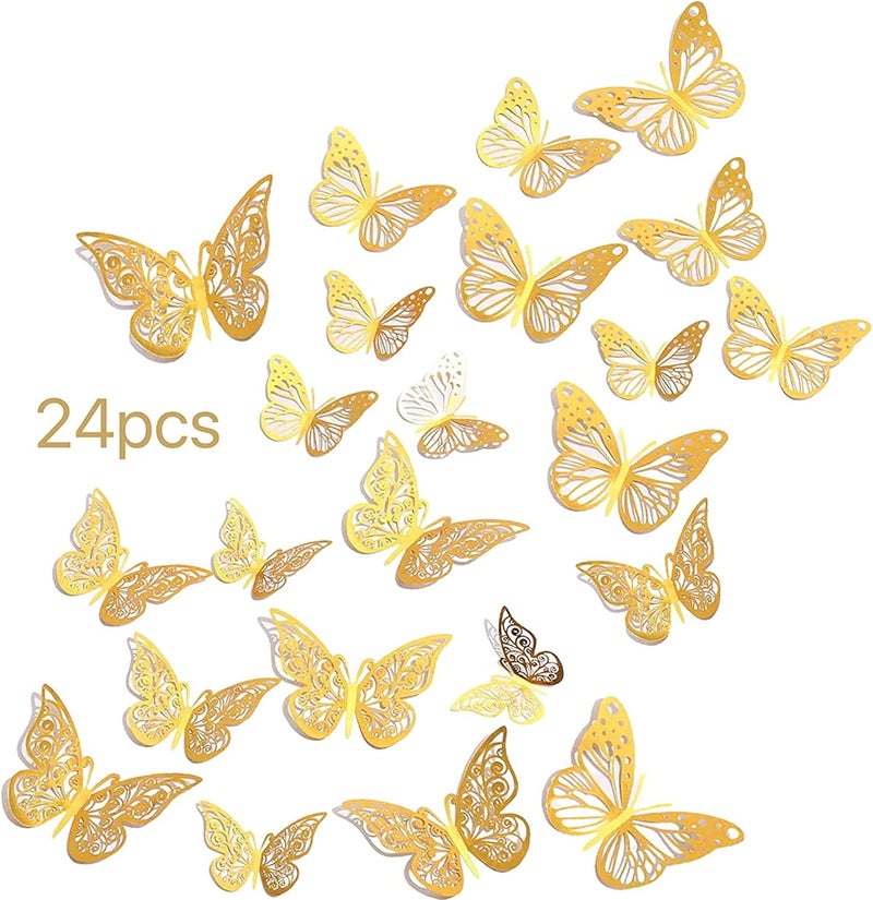 sulfar 24pcs Gold Butterfly Decorations Stickers,3Sizes 2 Styles,3D Butterfly Wall/Party/Birthday/Cake Decorations, Butterflies for Crafts, Wall Stickers Room Decor (24, Gold) - Image 1