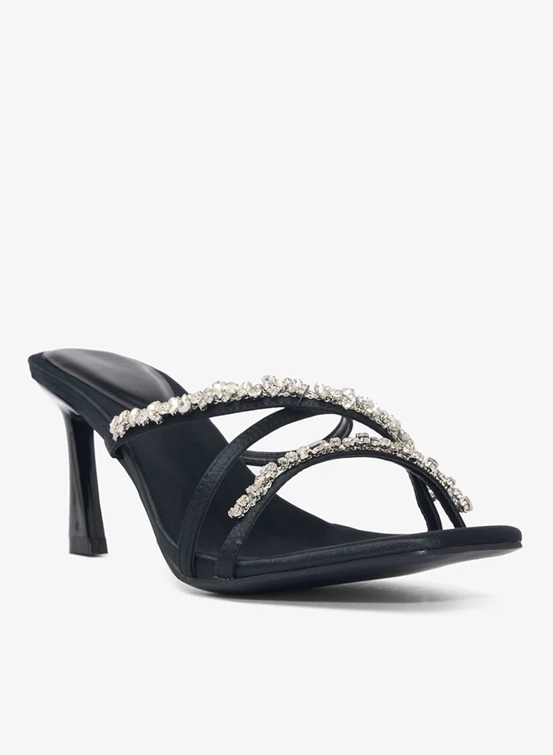 Ella Limited Edition Black Rhinestone Diamonte Embellished Kitten Heel Sandals for Women | Best Price UAE