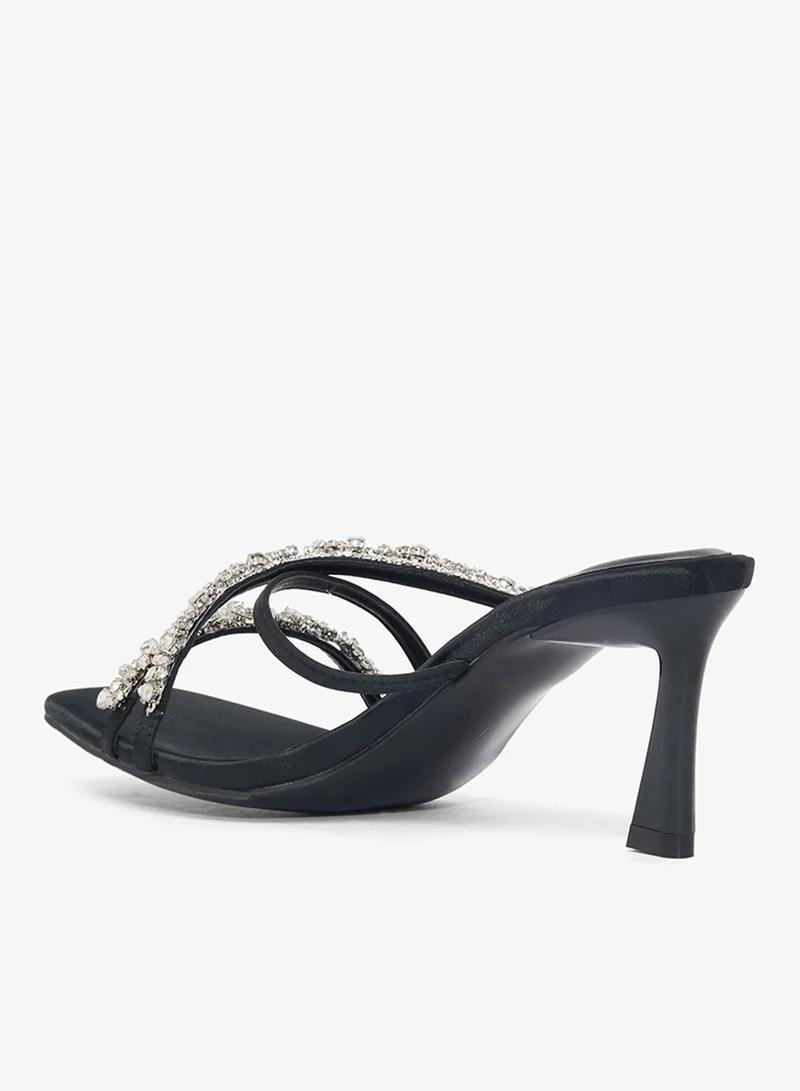 Ella Limited Edition Black Rhinestone Diamonte Embellished Kitten Heel Sandals for Women | Best Price UAE