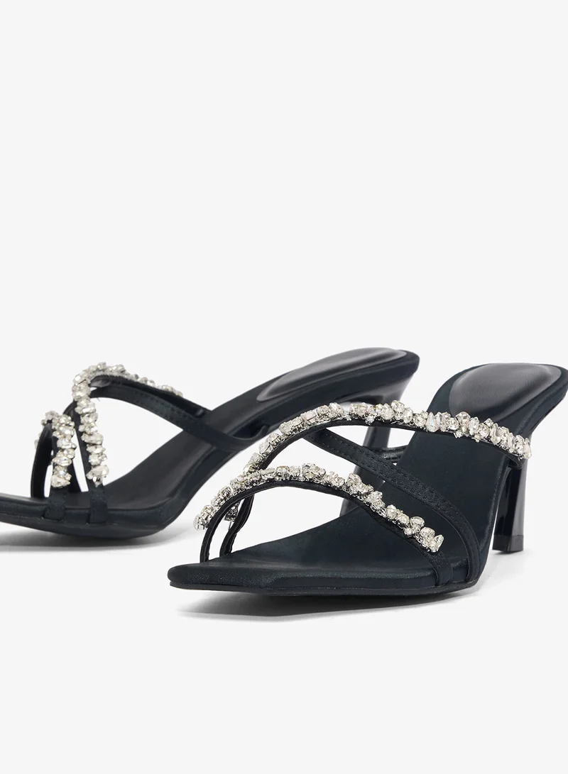 Ella Limited Edition Black Rhinestone Diamonte Embellished Kitten Heel Sandals for Women | Best Price UAE