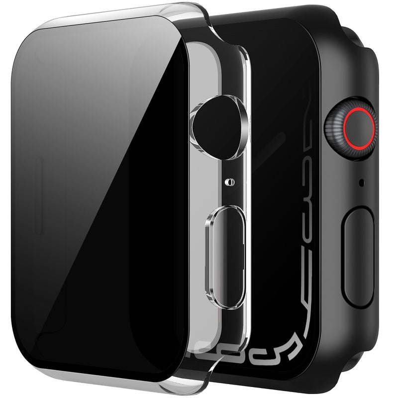 Misxi 2 Pack Privacy PC HD Case with Button for Apple Watch Series 9 (2023) Series 8 Series 7 45mm, Shockproof Cover with Anti-Spy Tempered Glass Screen Protector for iWatch, 1 Black + 1 Transparent - Image 1