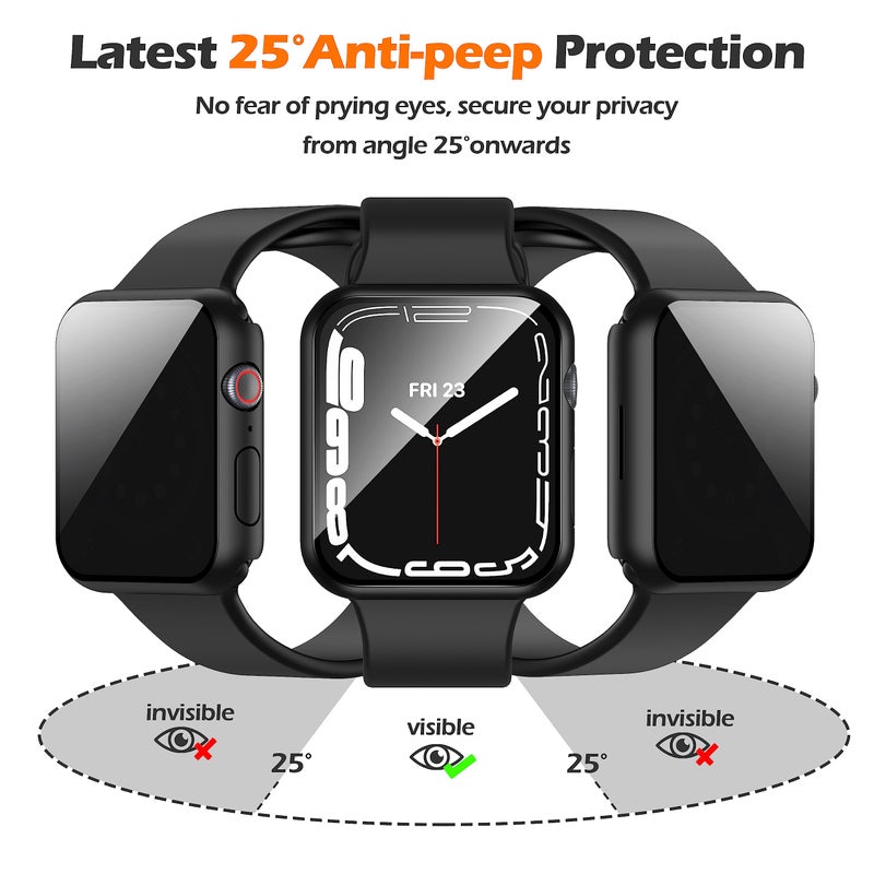 Misxi 2 Pack Privacy PC HD Case with Button for Apple Watch Series 9 (2023) Series 8 Series 7 45mm, Shockproof Cover with Anti-Spy Tempered Glass Screen Protector for iWatch, 1 Black + 1 Transparent - Image 3