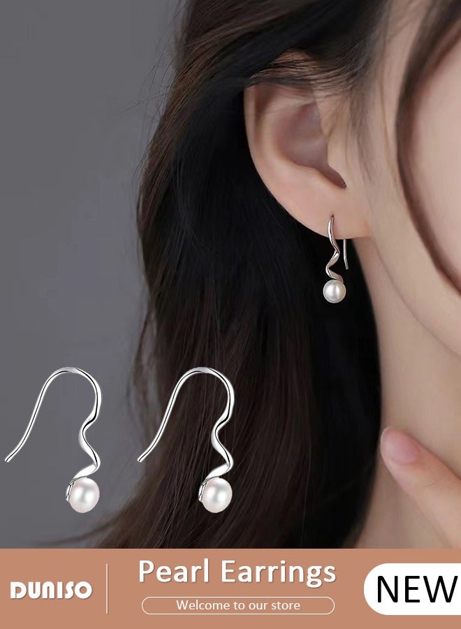 DUNISO 925 Sterling Silver Freshwater Pearl Earrings Hypoallergenic Pearl Drop Earrings Set, Lightweight Silver Pearl Earrings Fine Jewelry for Womens Girls  - Image 1