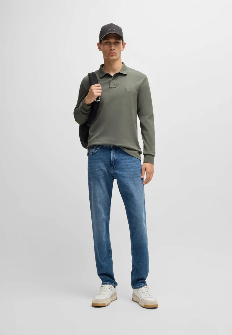 BOSS Open Grey Stretch-cotton slim-fit polo shirt with logo patch for Men | Best Price UAE