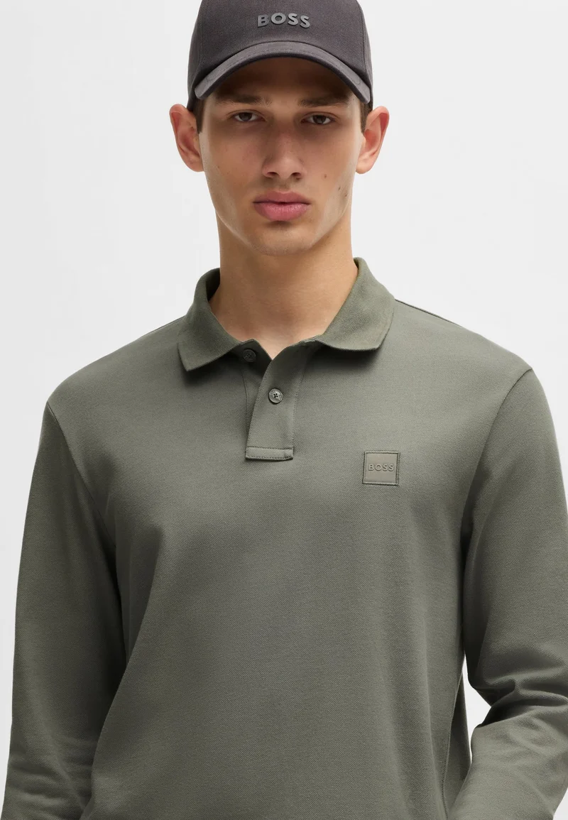 BOSS Open Grey Stretch-cotton slim-fit polo shirt with logo patch for Men | Best Price UAE