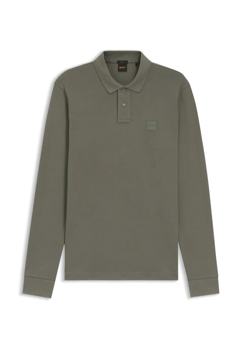 BOSS Open Grey Stretch-cotton slim-fit polo shirt with logo patch for Men | Best Price UAE