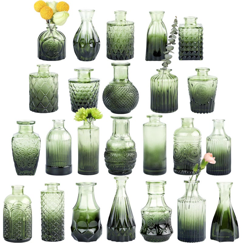 TBWIND Glass Bud Vase Set of 24, Small Green Flower Vases for Centerpieces in Bulk, Mini Vintage Vase for Wedding Decor, and Home Table DÃ©cor - Image 1