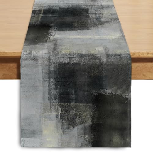 Winotic Black Grey Watercolor Table Runner 36 Inches Long, Art Abstract Modern Dresser Scarf for Seasonal Decor Party Kitchen Dining Coffee Table Wedding Home (13"x36", Black Grey) - Image 1
