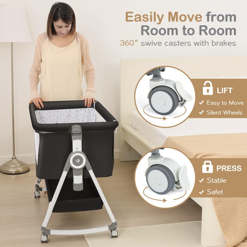 OHFLY Baby Bassinet, Bedside Bassinet for Baby, 4 in 1 Bassinet Bedside Sleeper with Locked Wheels, Mosquito Net, Adjustable Easy Folding Portable Crib for Infant Newborn, Dark Grey - Image 2