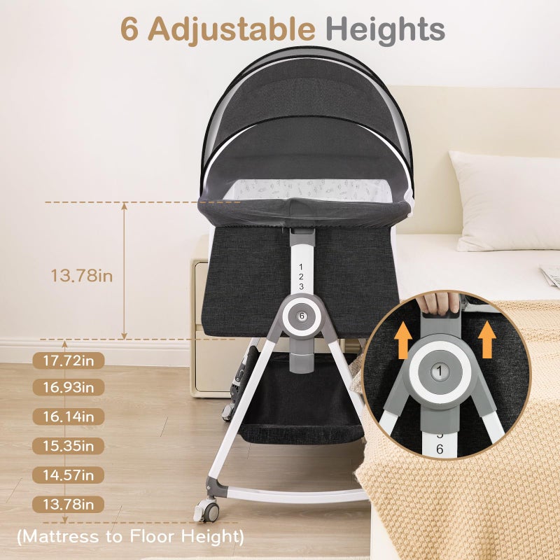 OHFLY Baby Bassinet, Bedside Bassinet for Baby, 4 in 1 Bassinet Bedside Sleeper with Locked Wheels, Mosquito Net, Adjustable Easy Folding Portable Crib for Infant Newborn, Dark Grey - Image 4
