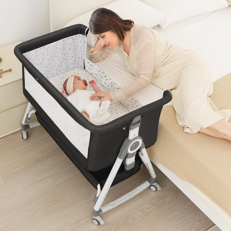 OHFLY Baby Bassinet, Bedside Bassinet for Baby, 4 in 1 Bassinet Bedside Sleeper with Locked Wheels, Mosquito Net, Adjustable Easy Folding Portable Crib for Infant Newborn, Dark Grey - Image 1