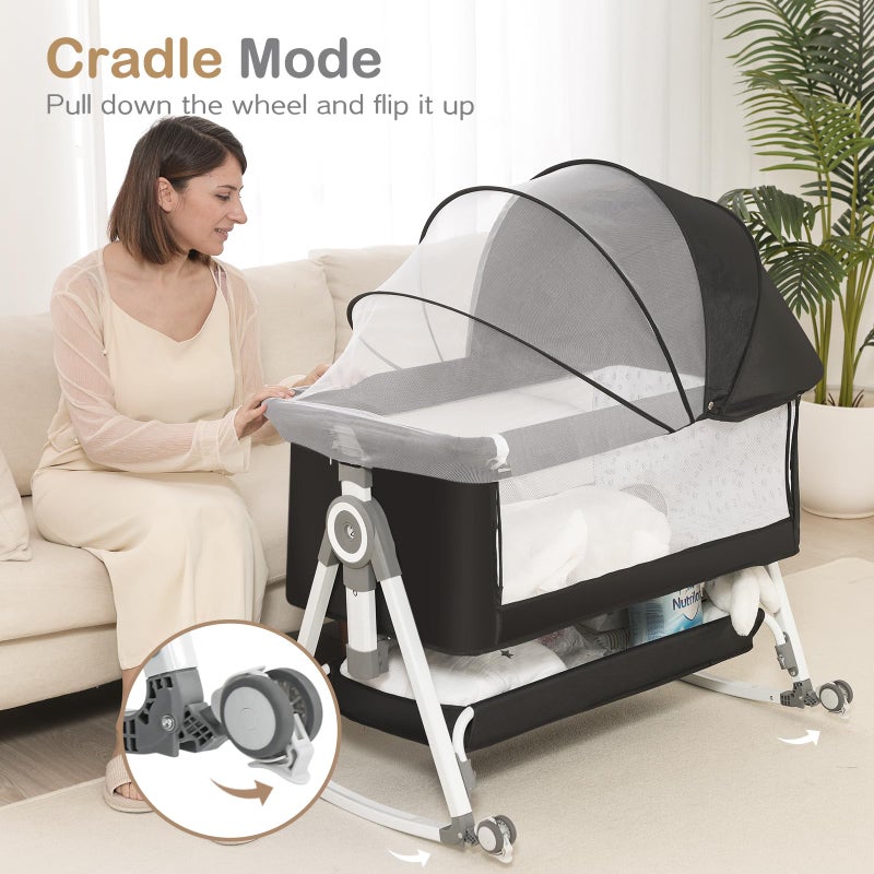 OHFLY Baby Bassinet, Bedside Bassinet for Baby, 4 in 1 Bassinet Bedside Sleeper with Locked Wheels, Mosquito Net, Adjustable Easy Folding Portable Crib for Infant Newborn, Dark Grey - Image 3
