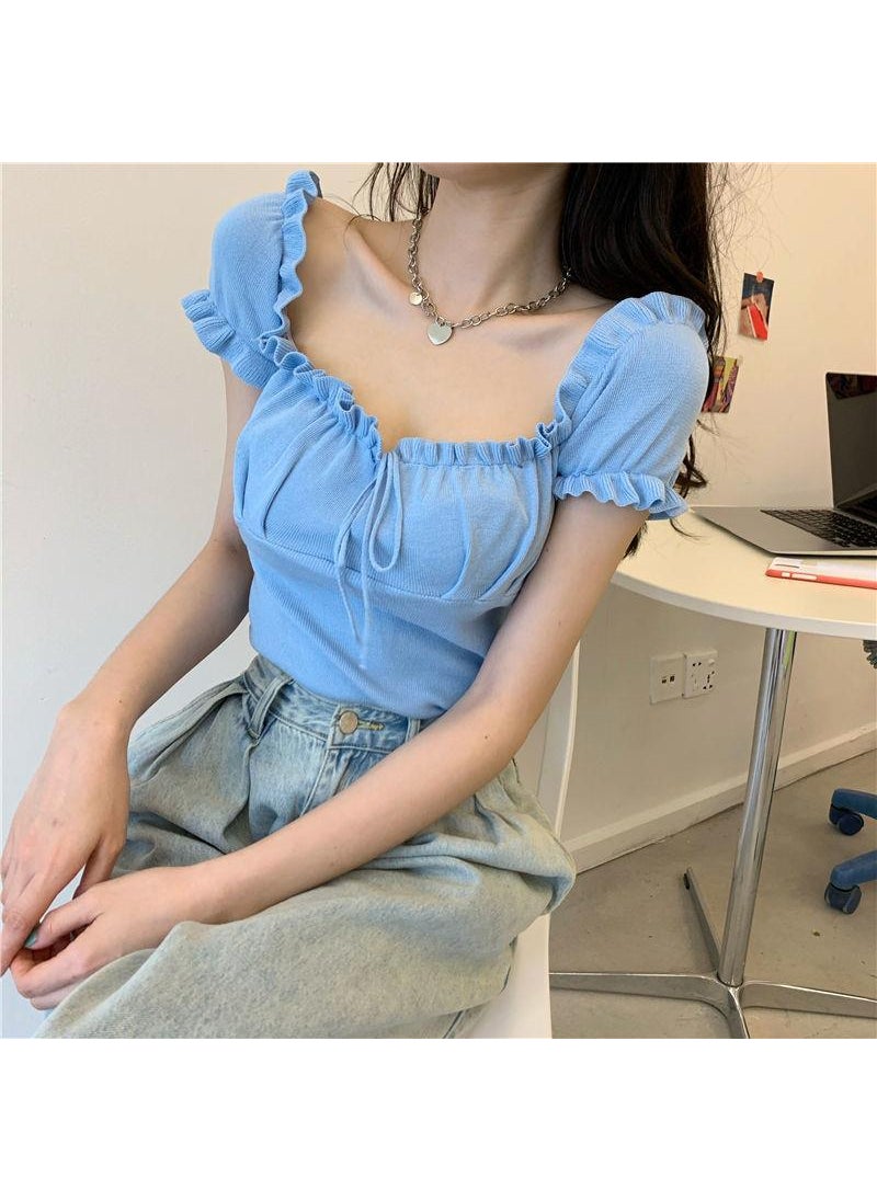 Generic - Chic Off-Shoulder Drawstring Crop Top Light Blue - Image 1