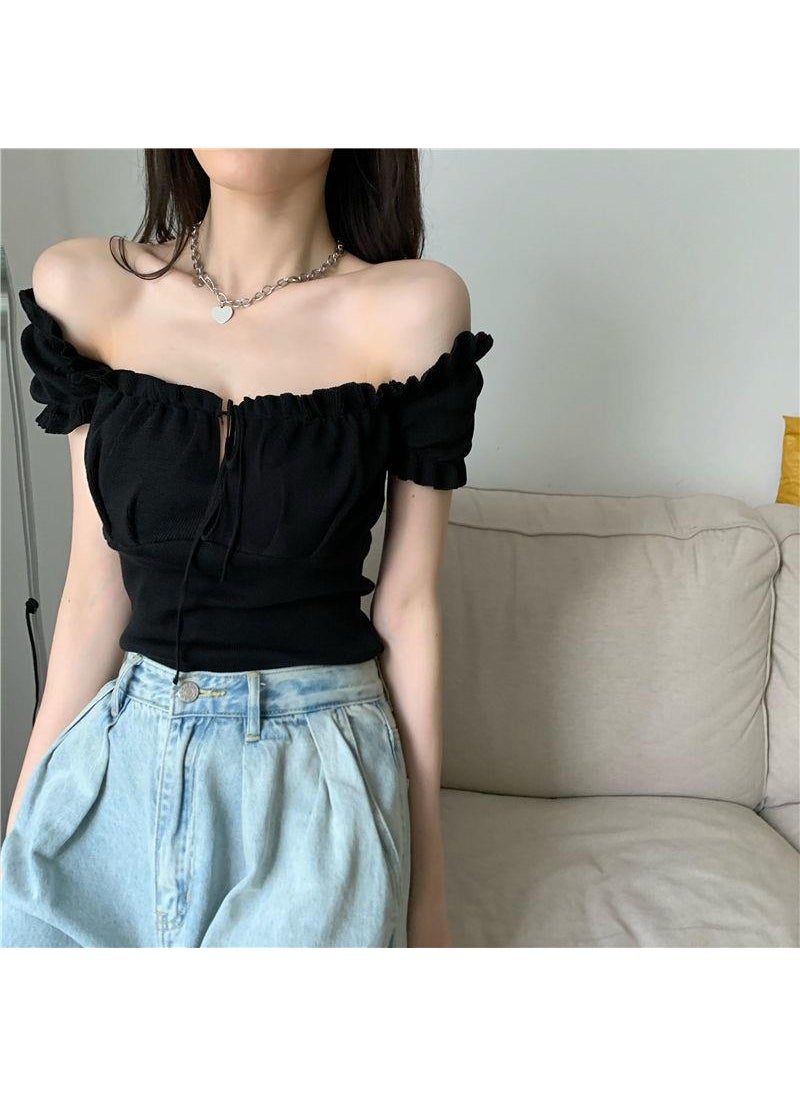 Generic - Chic Off-Shoulder Drawstring Crop Top Light Blue - Image 1