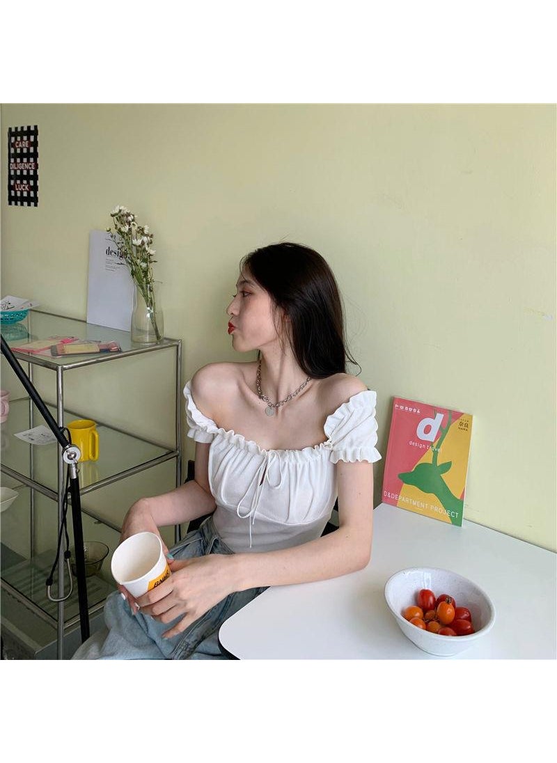 Generic - Chic Off-Shoulder Drawstring Crop Top Light Blue - Image 1