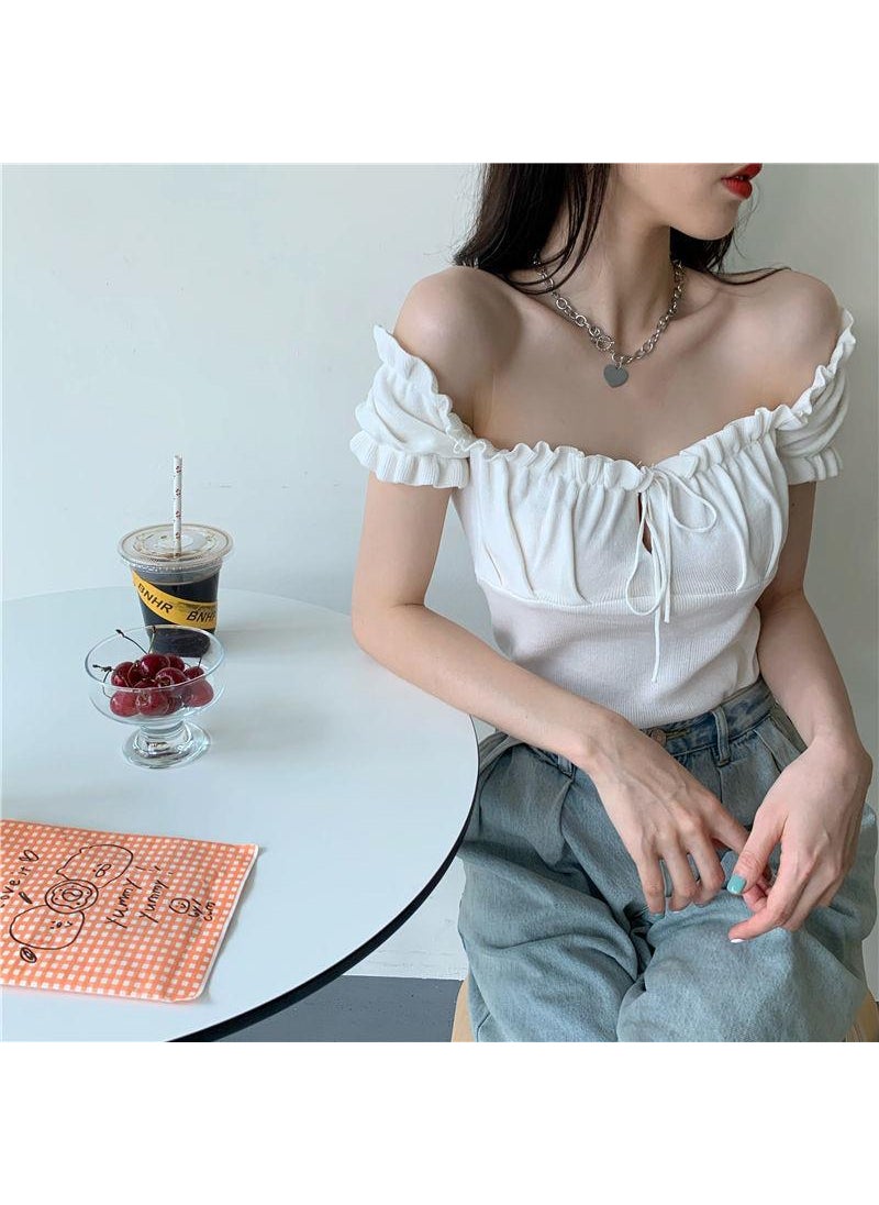 Generic - Chic Off-Shoulder Drawstring Crop Top Light Blue - Image 1