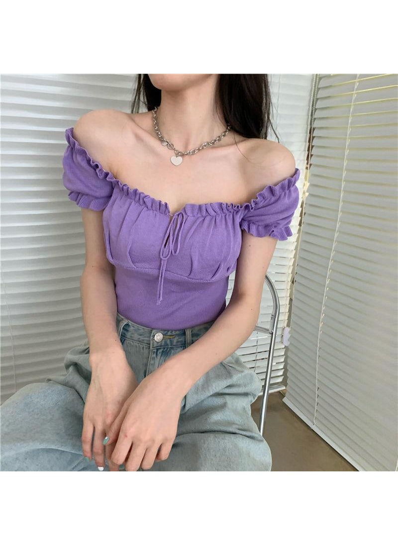 Generic - Chic Off-Shoulder Drawstring Crop Top Light Blue - Image 1