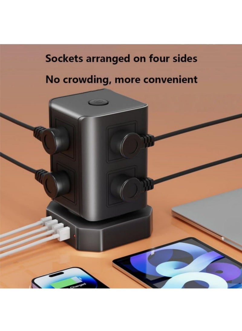 إثارة شريط طاقة عمودي بـ 8 منافذ مع 4 منافذ USB (5 فولت 3.1 أمبير)، سلك تمديد بطول 2 متر، مفتاح رئيسي 2500 واط/10 أمبير، حماية من التيار الزائد والحمل الزائد، تصميم برج ABS للمنزل والمكتب والمطبخ - Image 3