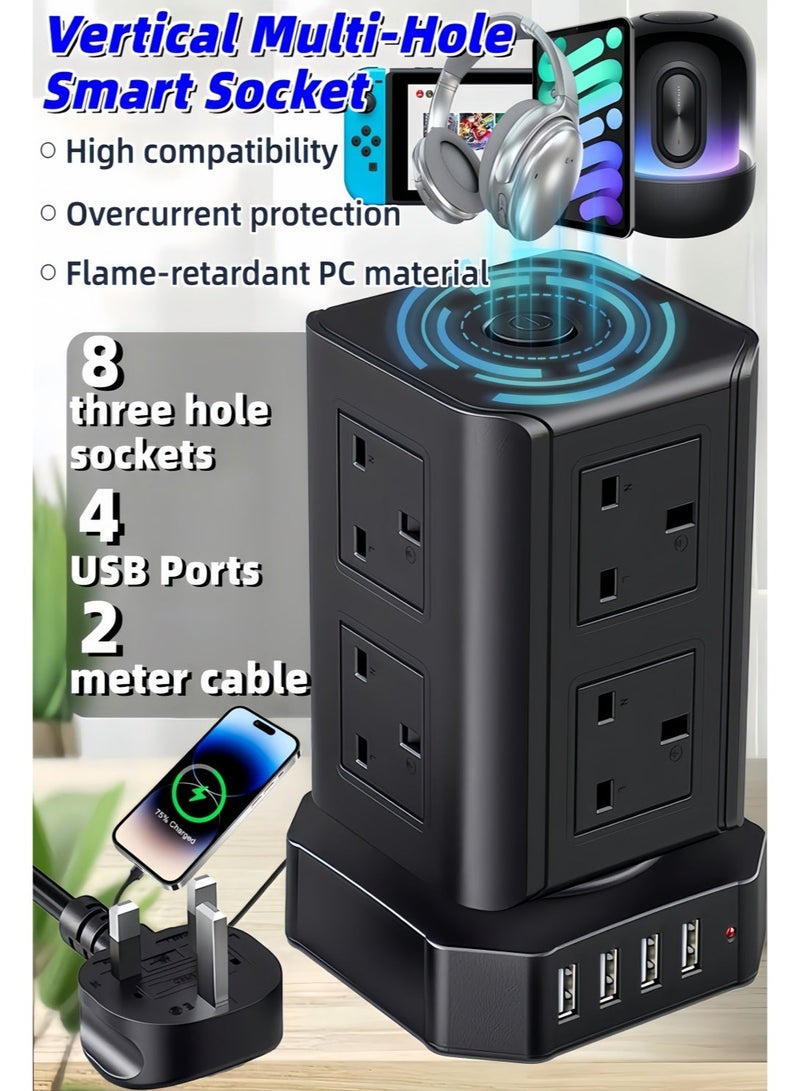 إثارة شريط طاقة عمودي بـ 8 منافذ مع 4 منافذ USB (5 فولت 3.1 أمبير)، سلك تمديد بطول 2 متر، مفتاح رئيسي 2500 واط/10 أمبير، حماية من التيار الزائد والحمل الزائد، تصميم برج ABS للمنزل والمكتب والمطبخ - Image 1
