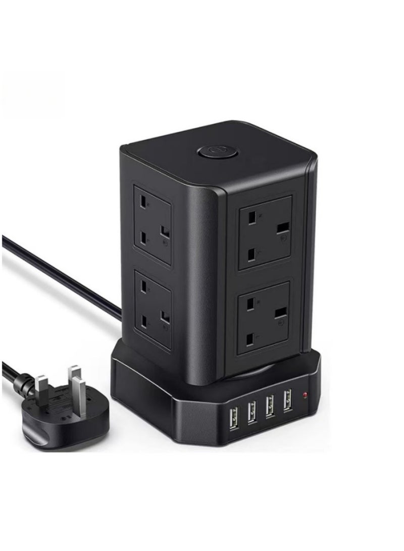 إثارة شريط طاقة عمودي بـ 8 منافذ مع 4 منافذ USB (5 فولت 3.1 أمبير)، سلك تمديد بطول 2 متر، مفتاح رئيسي 2500 واط/10 أمبير، حماية من التيار الزائد والحمل الزائد، تصميم برج ABS للمنزل والمكتب والمطبخ - Image 2