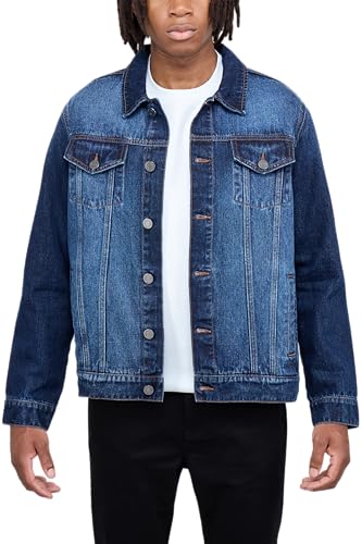 X RAY Mens Denim Jacket, Washed Ripped Distressed Flex Stretch Casual Trucker Biker Jeans Jacket for Men, Indigo, Medium - Image 1