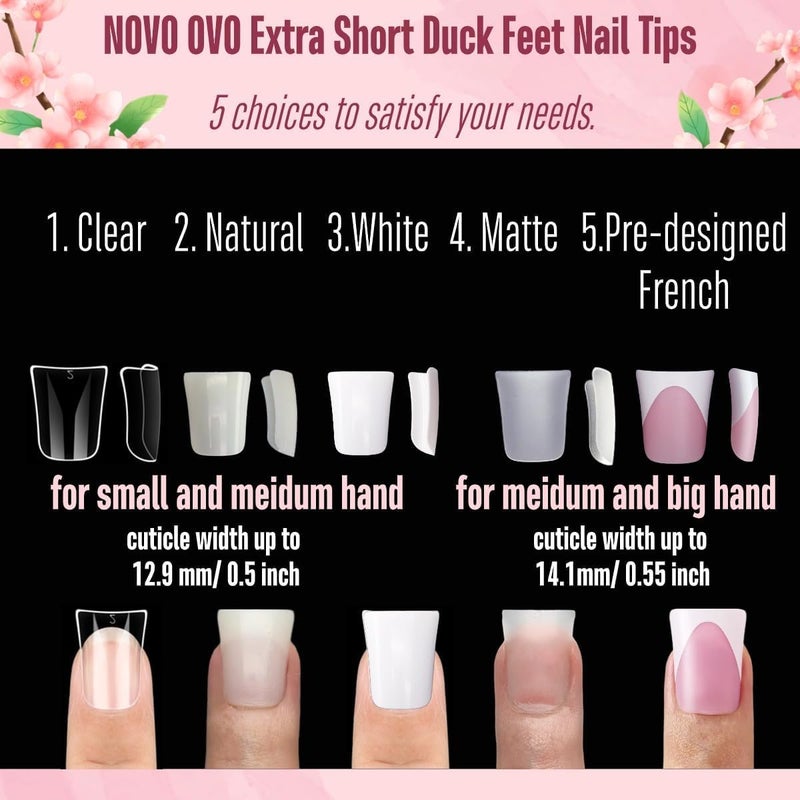 NOVO OVO Duck Feet Nail Tips for Small and Medium Hand, Extra Short Full Cover Press On Acrylic, Clear Full Coverage Thick Flare French Soft Gel Fake False Nail Extension x 12 Sizes 120 pcs - Image 3