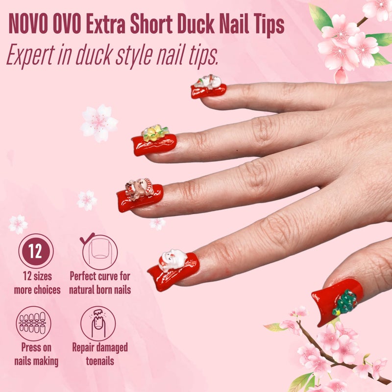 NOVO OVO Duck Feet Nail Tips for Small and Medium Hand, Extra Short Full Cover Press On Acrylic, Clear Full Coverage Thick Flare French Soft Gel Fake False Nail Extension x 12 Sizes 120 pcs - Image 2