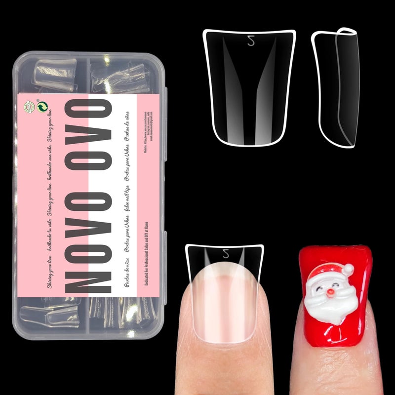 NOVO OVO Duck Feet Nail Tips for Small and Medium Hand, Extra Short Full Cover Press On Acrylic, Clear Full Coverage Thick Flare French Soft Gel Fake False Nail Extension x 12 Sizes 120 pcs - Image 1