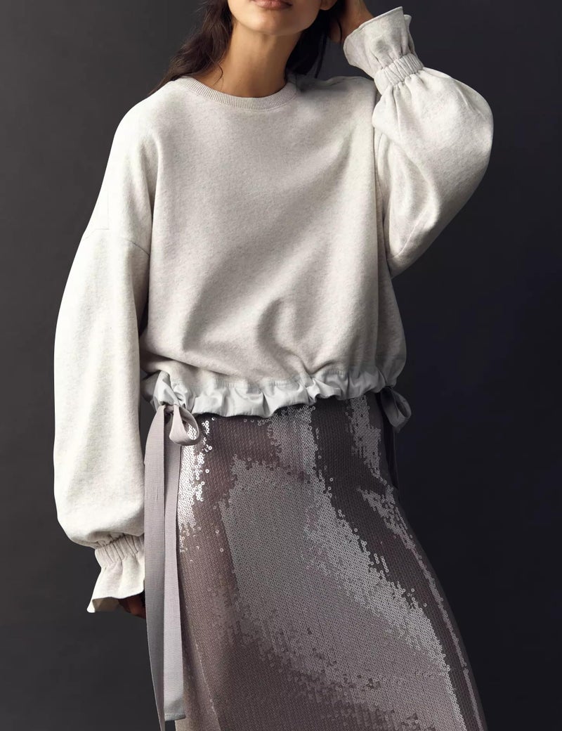 Dsewpaur Women Tie Up Sweatshirt Crewneck Balloon Long Sleeve Shirt Casual Fall Pullover Crop Babydoll Tops Light Gray - Image 2