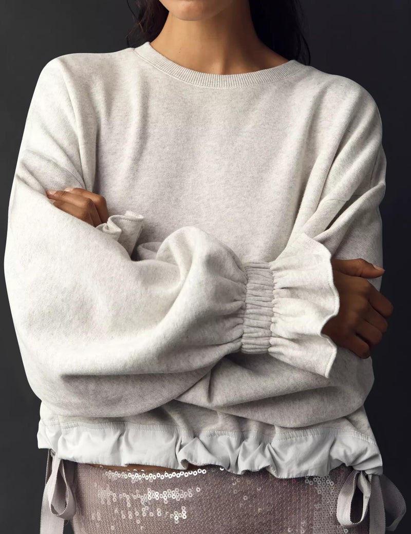 Dsewpaur Women Tie Up Sweatshirt Crewneck Balloon Long Sleeve Shirt Casual Fall Pullover Crop Babydoll Tops Light Gray - Image 3