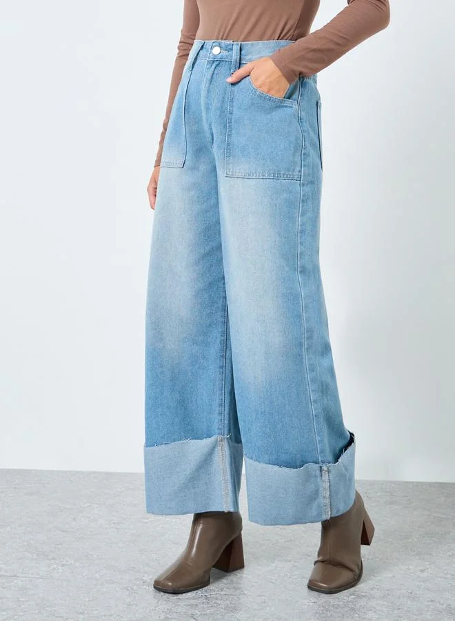 ستايلي جينز واسع بخصر مرتفع وحافة مطوية