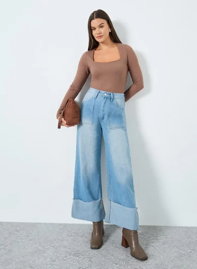 Styli Styli High Rise Wide Leg Jeans with Fold-Up Hem