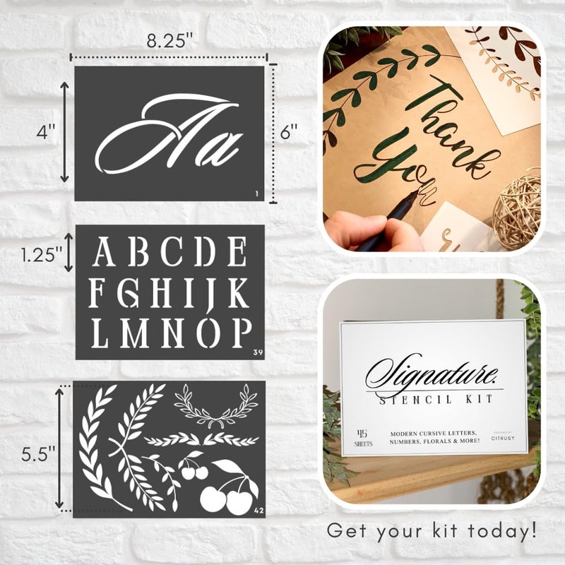 CITRUSY Boutique Calligraphy Stencil Template Kit | 45 Reusable Pieces | Lettering Upper  Lowercase  Large & Small | Numbers  Punctuation  Laurels And Flowers - For Arts Crafts Painting Wood (Signature Kit) - Image 5