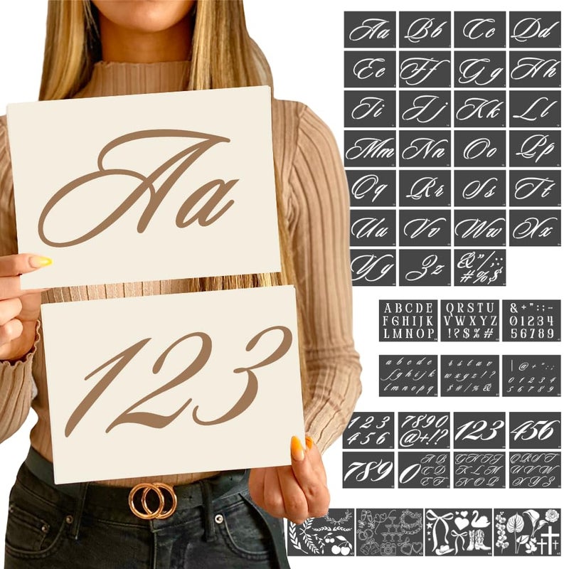CITRUSY Boutique Calligraphy Stencil Template Kit | 45 Reusable Pieces | Lettering Upper  Lowercase  Large & Small | Numbers  Punctuation  Laurels And Flowers - For Arts Crafts Painting Wood (Signature Kit) - Image 1