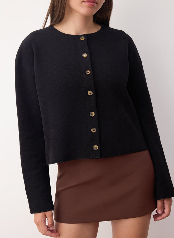 trendyol Black Soft Surface Button Crew Neck Knitted Jacket - Image 3