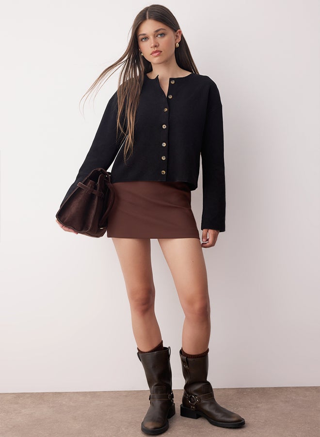 trendyol Black Soft Surface Button Crew Neck Knitted Jacket - Image 1