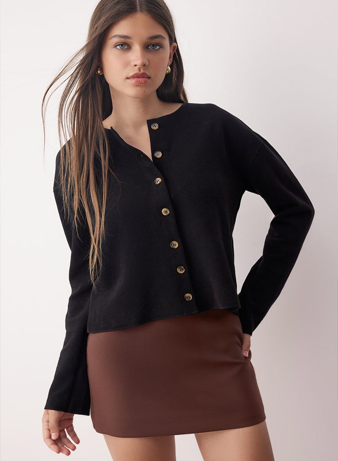 trendyol Black Soft Surface Button Crew Neck Knitted Jacket - Image 2