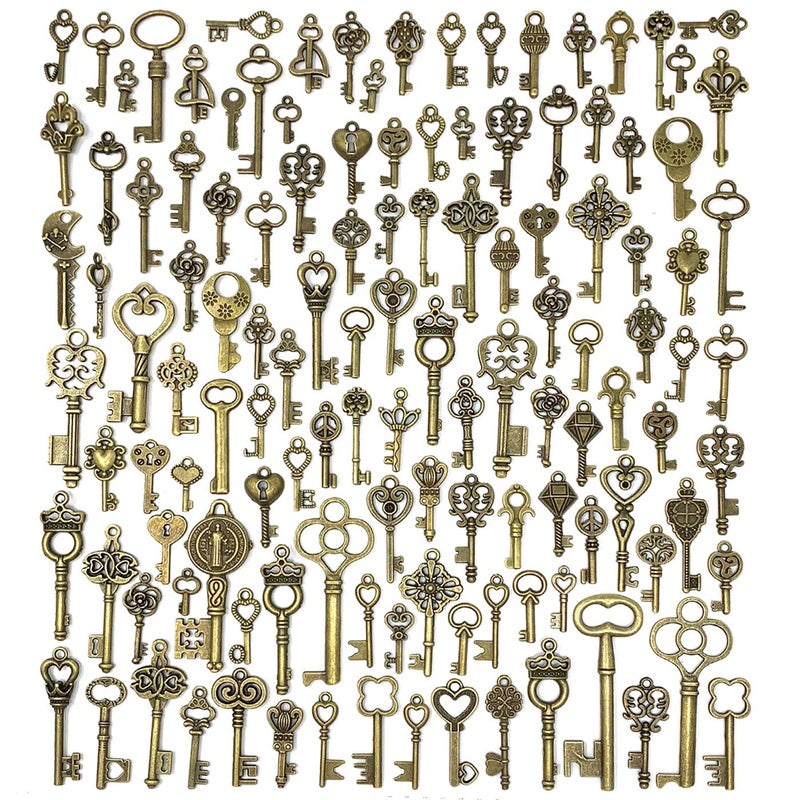 JIALEEY 125 PCS Vintage Skeleton Key Set Charms, JIALEEY Mixed Antique Style Bronze Brass for Pendant DIY Jewelry Making Wedding Party Favors - Image 1