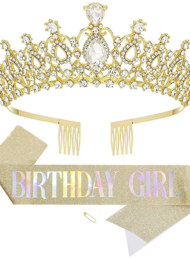 Papoopy Birthday Tiara and Crown with Sash for Women, Hair Accessories for Wedding Party Costume (B) - Image 1