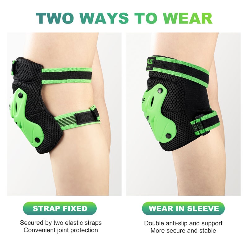 2PM SPORTS Knee Pads for Kids, Wrist Guards Knee and Elbow Pads Set with Drawstring Bag, Protective Gear Set for Girls Boys Roller Skating Cycling Skateboard - Green Small - Image 4
