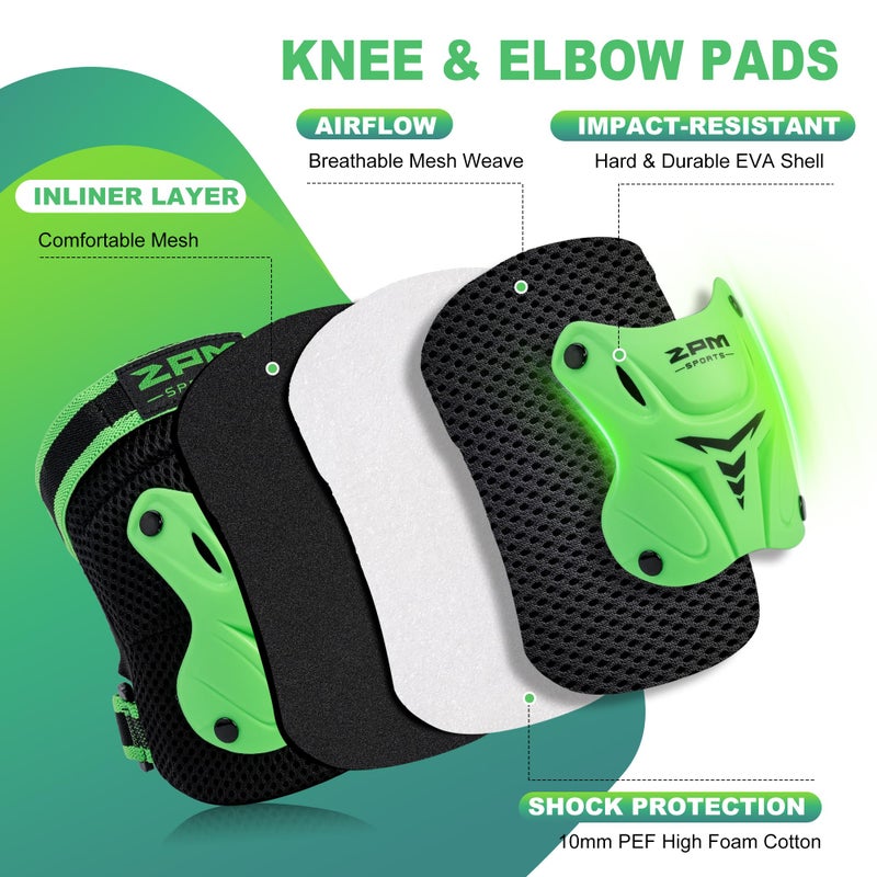 2PM SPORTS Knee Pads for Kids, Wrist Guards Knee and Elbow Pads Set with Drawstring Bag, Protective Gear Set for Girls Boys Roller Skating Cycling Skateboard - Green Small - Image 3