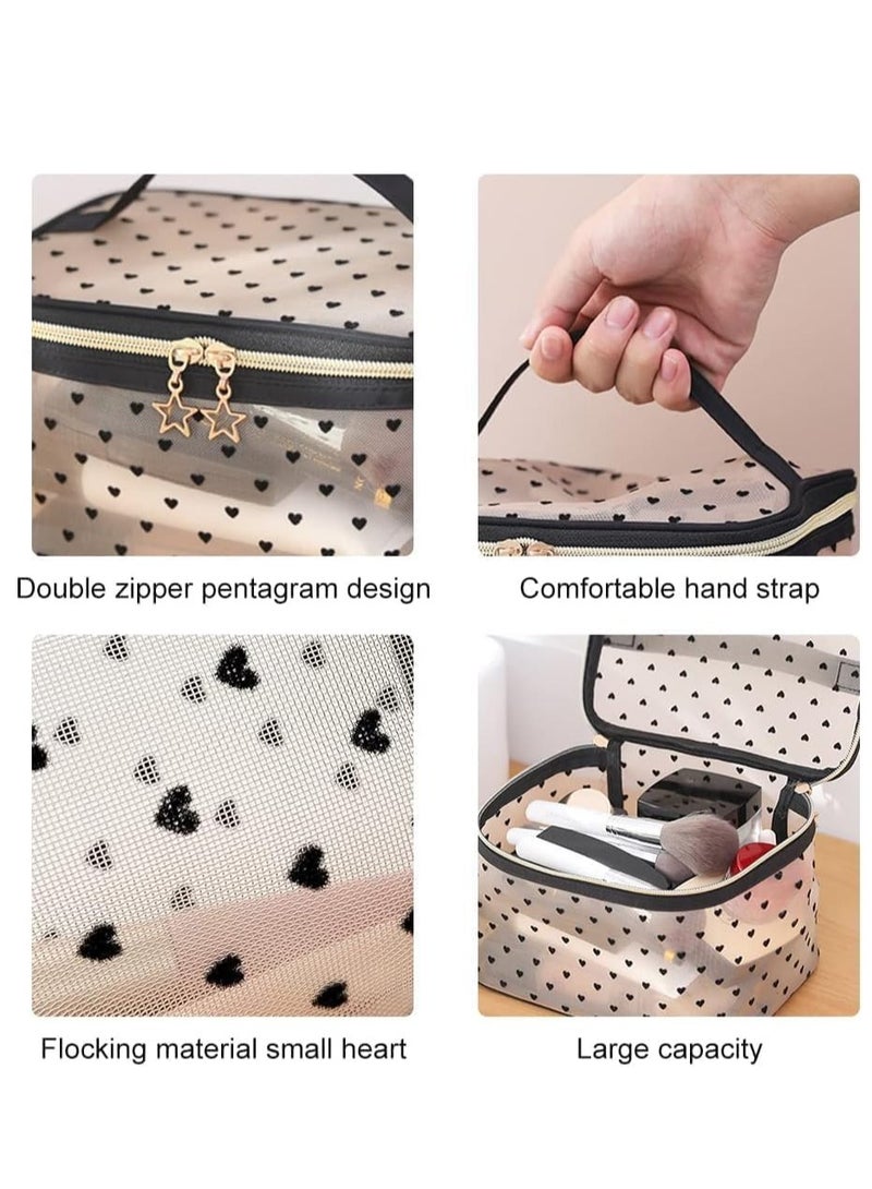FengSVMA 3 Pieces Set Mesh Makeup Bag Transparent Cosmetic Bag Small Makeup Bags Organizer for Women and Girls with Flocked Heart Portable Toiletry Bag High Capacity Set Travel Pouch Bags - Image 5