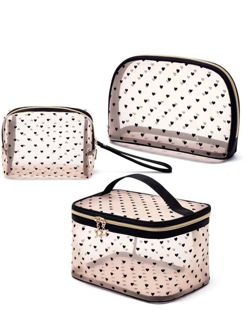 FengSVMA 3 Pieces Set Mesh Makeup Bag Transparent Cosmetic Bag Small Makeup Bags Organizer for Women and Girls with Flocked Heart Portable Toiletry Bag High Capacity Set Travel Pouch Bags - Image 1