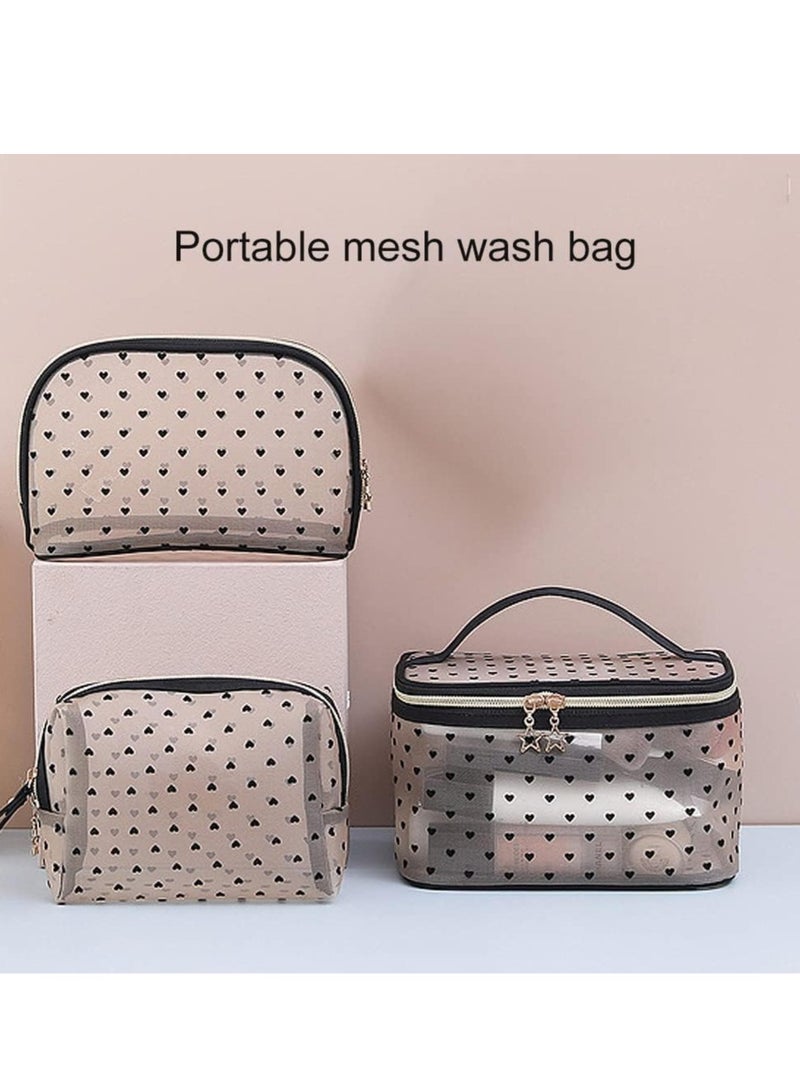 FengSVMA 3 Pieces Set Mesh Makeup Bag Transparent Cosmetic Bag Small Makeup Bags Organizer for Women and Girls with Flocked Heart Portable Toiletry Bag High Capacity Set Travel Pouch Bags - Image 3