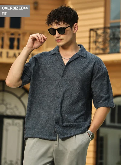 Campus Sutra Campus Sutra Men's Prussian Blue Tactile-Resort Oversized Shirt For Casual Wear | Cuban Collar | Short Regular Sleeves | Button Closure | Oversized Shirt Crafted With Comfort Fit For Everyday Wear