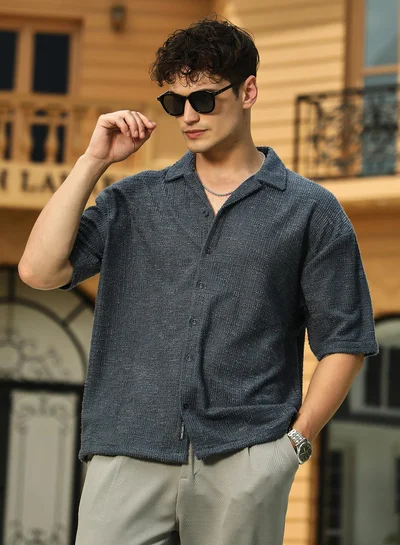 Campus Sutra Campus Sutra Men's Prussian Blue Tactile-Resort Oversized Shirt For Casual Wear | Cuban Collar | Short Regular Sleeves | Button Closure | Oversized Shirt Crafted With Comfort Fit For Everyday Wear