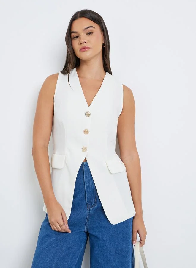 Styli Styli Solid Tailored Sleeveless Buttoned Vest