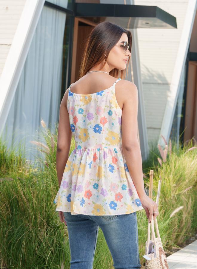 DW Floral Printed Pure Cotton Strappy Peplum Top - Image 3